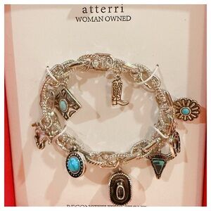 Atterri Silver Charm Stretch Bracelet Turquoise Western Accents Cowboy Hat NWT